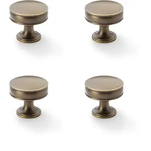 4 PACK - Round Fluted Door Knob - 38mm Diameter Antique Brass Retro Cupboard Pull Handle