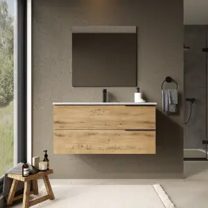 Banyetti Celtic 1000mm Wall Hung Basin Unit with Matt Black Handles - Ostippo Oak