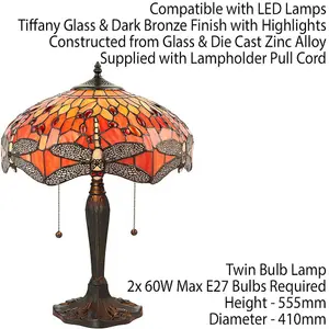 Tiffany Glass Table Lamp Light Dark Bronze Base & Orange Dragonfly Shade i00197