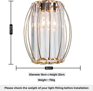 Gold Metal K9 Crystal Light Shade 16cm x 20cm, Cylinder Shape with Oval Ring