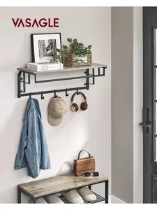 VASAGLE Coat Rack Wall-Mounted, Clothes Rail With 5 Removable Coat Hooks, Floating Shelf With Hanging Rail, For Hallway, Bedroom