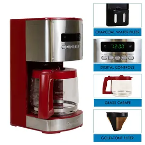 Kenmore Drip Coffee Maker Machine, 1.8L Filter Coffee Machine with Timer Red