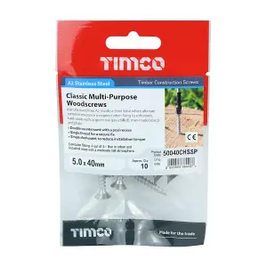 TIMCO Classic Multi-Purpose Countersunk A2 Stainless Steel Woodcrews - 5.0 x 40 (10pcs)