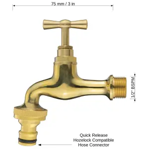 Garden Tap Faucet Mixer, Solid Brass, Polished, 1/2" BSPM with Quick Release Hose Connector