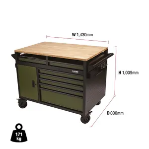 BUNKER Multi-Functional Workbench Roller Tool Cabinet, 14 Drawer, 48", Green 08269