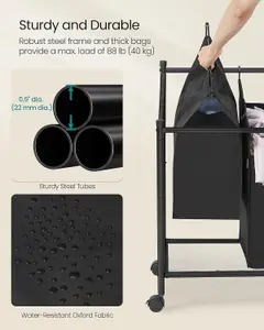 SONGMICS Laundry Basket on Wheels, 4 Removable Sorting Bags, Laundry Trolley, Hamper for Bedroom, Bathroom, Laundry, Ink Black