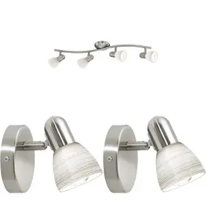 Quad Ceiling Spot Light & 2x Matching Wall Lights Satin Nickel Opal Glass Shade