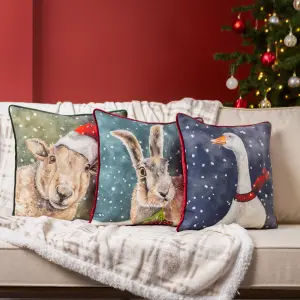 Evans Lichfield Christmas Hare Piped Feather Rich Cushion