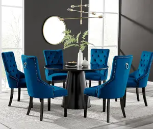 Furniturebox UK Palma Black Semi-Gloss Round Pedestal Dining Table & 6 Blue Velvet Belgravia Black Leg Chairs