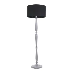 ValueLights Victoria Traditional Grey Wood Candlestick Floor Lamp with Black Drum Shade - LED Bulb Included