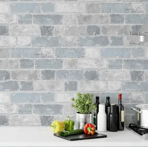 Brick Wall Effect Stone Sky Blue Light Grey Rustic Wallpaper Bedroom Boys Girl