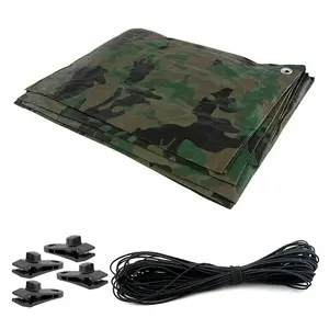 5 x 8 m Tarpaulin Waterproof Heavy Duty Cover Ground Sheet Camping with 4 Tarp Clips + 10m / 30ft Bungee Cord (Camo/Army - 90GSM)