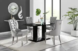 Imperia Black High Gloss 6 Seater Dining Table with Structural 2 Plinth Column Legs 6 Grey Velvet Silver Leg Belgravia Chairs