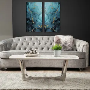 Blue & Gold Abstract Wall Art for Bedroom & Living Room, Decoration Canvas Painting (Set of 2)