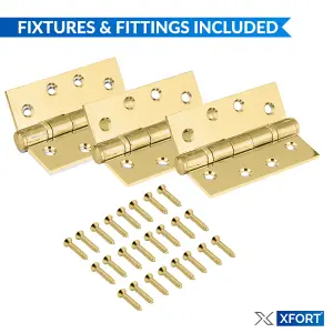 XFORT 4 Inch (100mm) Polished Brass Ball Bearing Hinges, Steel Door Hinge for Wooden Doors (1.5 Pairs)