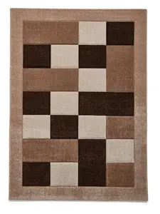 Beige Chequered Rug, Geometric Bordered Rug, 10mm Thick Stain-Resistant Rug, Modern Rug for Dining Room-120cm X 170cm