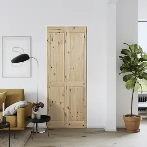 Vertical 4 panel Unglazed Victorian Unfinished Natural Knotty pine Internal Folding Bi-fold Door set, (H)1981mm (W)686mm