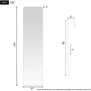 Rectangular Over Door Full Length Framed Mirror Round Corner White  37 x 147 cm