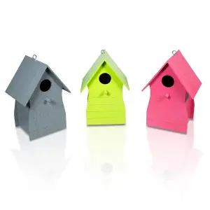 Set of 3 Colourful Wooden Bird Houses - Wall Fence Mountable or Hanging Outdoor Garden Wild Bird Nesting Box with 30mm Hole