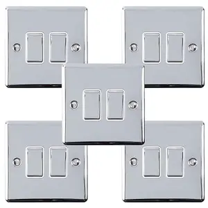 5 PACK 2 Gang Double Metal Light Switch POLISHED CHROME 2 Way 10A White Trim