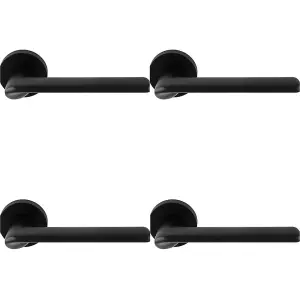 4 PACK - Contemporary Flat Door Handle Set - Matt Black Smooth Lever on Round Rose