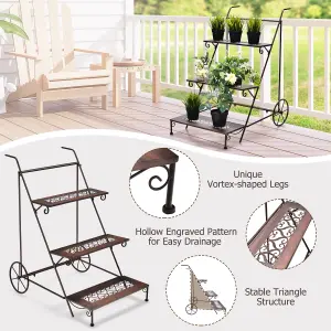 Costway 3-Tier Metal Plant Stand Ladder Shaped Flower Pot Holder w/ Wheels