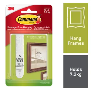 3M Command Large White Picture hanging Adhesive strip (Holds)7.2kg, Set of 12