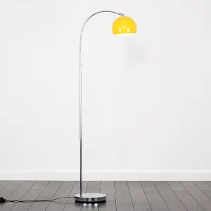 ValueLights Designer Style Polished Chrome Stem Floor Lamp With Yellow Metal Dome Light Shade With LED GLS Bulb in Warm White