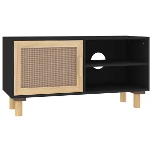 Berkfield TV Cabinet Black 80x30x40 cm Solid Wood Pine and Natural Rattan