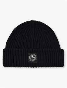 Mens Stone Island Classic Brand-Patch Wool-Knit Beanie Black