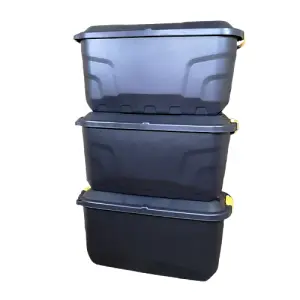 3 x 75L Heavy Duty Trunks on Wheels Sturdy, Lockable, Stackable and Nestable Design Storage Chest with Clips in Black