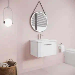 Retro 1 Drawer Wall Hung Vanity Unit with Mid-Edge 1 Tap Hole Ceramic Basin - 600mm - Satin White - Balterley