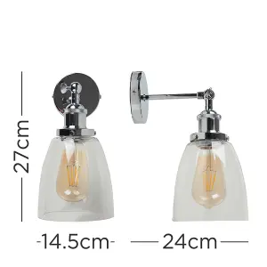 ValueLights Ezrah Pair of Retro Style Polished Chrome Adjustable Knuckle Joint Wall Lights with Clear Glass Shades