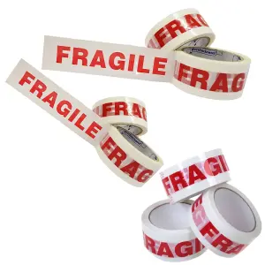 12 Rolls of Fragile Printed 50mm x 66m Strong Sticky Packaging Parcel Tapes