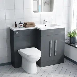 Nes Home Melbourne 1100mm Bathroom Right Hand Grey Gloss Bathroom Basin Vanity Unit With BTW Toilet