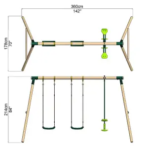 Rebo Wooden Garden Swing Set with 2 Standard Swings and Glider - Neptune Green