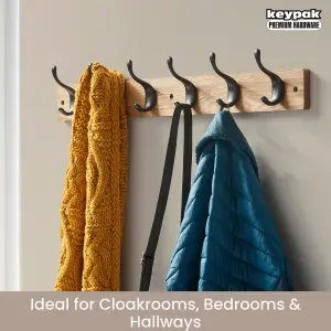 keypak 6 Matte Black Coat Hooks on Ash Effect Wooden Board - 68cm Modern Wall Mounted Coat Rack Clothes Hanger