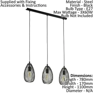 Hanging Ceiling Pendant Light Black Wire Shade 3x 60W E27 Kitchen Island Lamp