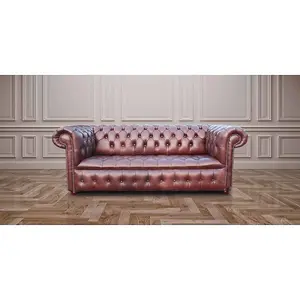 Chesterfield 3 Seater Buttoned Seat Sofa Old English Hazel Real Leather In Classic Style