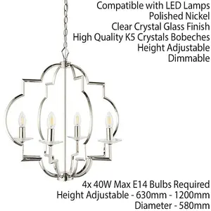 Hanging Ceiling Pendant Light Polished Nickel & Crystal 4 Bulb Classic Feature