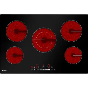 77cm 8200W 5 Zone Electric Ceramic Hob with Touch Control - Sleek Black Glass Design