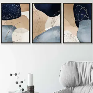 Set of 3 Abstract Blue, Beige, Gold Shapes Wall Art Prints / 30x42cm (A3) / Black Frame