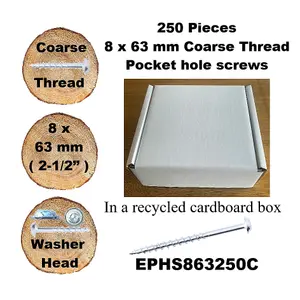 Pocket Hole Screws for Softwoods, 63mm Long, Pack of 250, Coarse Self-Cutting Threaded Square Drive, EPHS863250C, EPH Woodworking