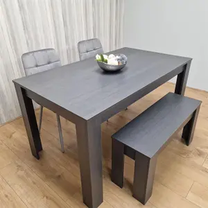 Dining Table and 2 Chairs With Bench  Black Dark Grey Velvet Chairs Wood Dining Set Furniture