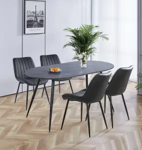 Hallowood Furniture Cullompton Large 160cm Oval Table, Grey Marble Effect Top, with 4 Black Bonded Leather Dining Chairs