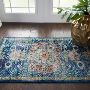 Blue Floral Traditional Easy to Clean Rug for Living Room Bedroom and Dining Room-61 X 183cm (Runner)