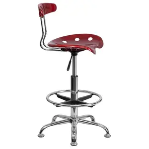 Vibrant Chrome Drafting Stool with Tractor Seat Wine Red