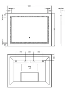 Rectangular Landscape LED Illuminated Touch Sensor Mirror with Demister, 800mm x 500mm - Chrome