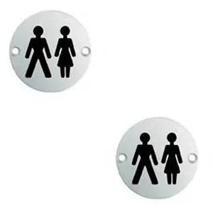 2x Bathroom Door Unisex Symbol Sign 64mm Fixing Centres 76mm Dia Polished Steel