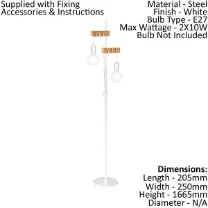 Standing Floor Lamp Light White Base & Twin Wood Hangman 2 x 10W E27 Bulb